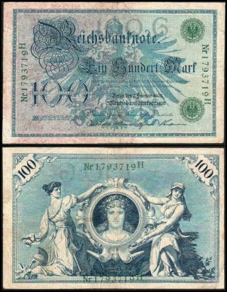 100 Mark 1908 - Germany Reichsbanknote - Series: 1793719 H G - Pick:34 - " F "