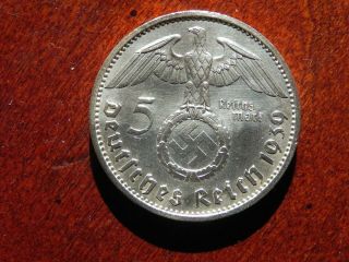 1939 A 5 Mark German Wwii Silver Coin Third Reich Swastika Reichsmark Unc