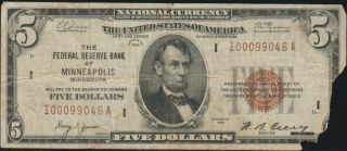 1929 $5.  00 National Currency $5.  00,  Minneapolis District,  Tattered And Torn