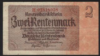1937 2 Rentenmark Germany Vintage Nazi Old Money Banknote 3rd Reich Currency Vf