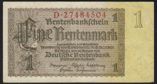 1937 1 Rentenmark Germany Vintage Nazi Old Paper Money Banknote Currency Bill Vf