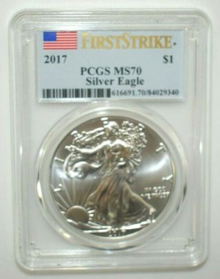 2017 $1 American Silver Eagle Pcgs Ms70 First Strike Flag Label M274