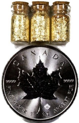 1 Troy Ounce.  9999 Fine Silver 2018 Maple Leaf Coin Bu,  3 Jars 24k Gold Flakes
