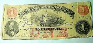 JULY 21,  1862 Virginia Treasury Note $1 Dollar Obsolete Note - Civil War Era 2