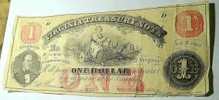 JULY 21,  1862 Virginia Treasury Note $1 Dollar Obsolete Note - Civil War Era 3