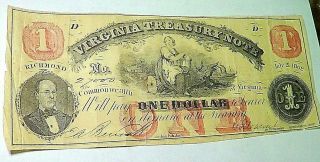 JULY 21,  1862 Virginia Treasury Note $1 Dollar Obsolete Note - Civil War Era 4