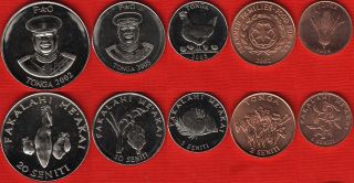 Tonga Set Of 5 Coins: 1 - 20 Seniti 2002 - 2005 " Fao " Unc