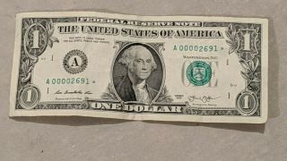 One Dollar Bill.  Low Serial Number A00002691.  2013 Series.  Star Note.