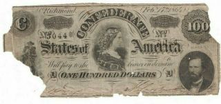 1864 Confederate States Csa $100 One Hundred Dollar Richmond Va Note Hconf5044