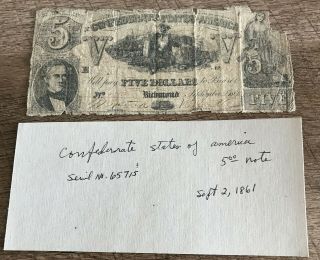 Orig Confederate States Richmond Va Five Dollar Civil War Bank Note Sept 2,  1861