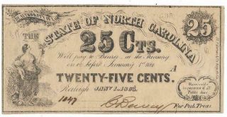 Csa North Carolina Fractional Note 25 Cents,  Cr139,  1/1/63,  Sn1049 Plt " A " Fine