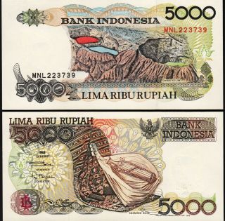 Indonesia 5000 Rupiah 1992 / 1999,  Unc,  P - 130h,  Prefix - Mnl -,  Volcano
