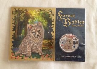 2013 Perth Forest Babies Grey Wolf 1/2 Oz.  999 Silver Proof Coin In Ogp
