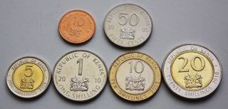 Kenya 6 Coins - Two Bimetallic - Rare 10 Cents Coin - Set