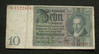 Old Banknote Of Third Reich Germany 10 Reichsmark 1929 No.  S11228081