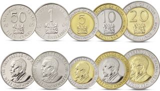 Kenya 5 Coins Set 50 Cents,  1 - 20 Shillings Bimetal 2005 2010 Unc
