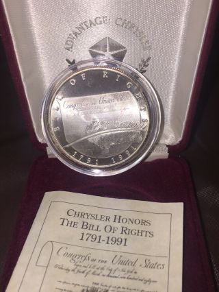 Chrysler Honors The Bill Of Rights 1791 - 1991 1 Oz.  999 Silver Coin