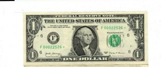 2017 $1 One Dollar Bill Star Note Low Serial Number F 000 22526 Atlanta