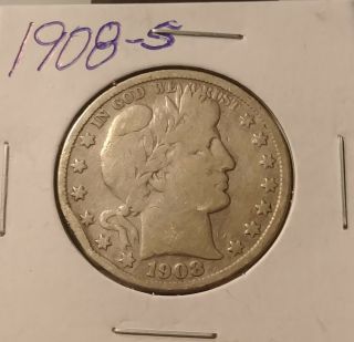 1908 - S Silver Barber Half Dollar In Circulated.  Vg In My Opinion.