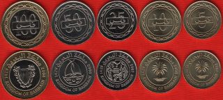 Bahrain Set Of 5 Coins: 5 - 100 Fils 2007 - 2008 Unc