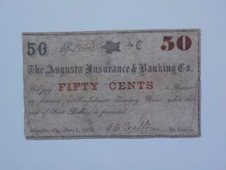 Civil War Confederate 1863 50 Cents Note The Augusta Insurance & Banking Co.