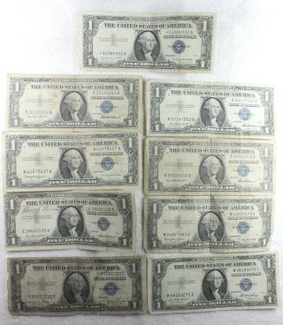 9 Silver Certificates $1.  00 - 1935 X2 And 1957 X7 - Star Note On One
