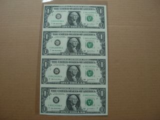Uncut Sheet Of 4 U.  S.  One Dollar Bills