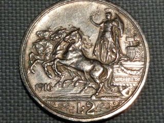 Italy Kingdom Silver 1916 2 Lire Vittorio Emanuele Iii Horses Roman Quadriga Wwi