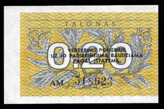 World Paper Money - Lithuania 0.  20 Talonas 1991 Prefix Am @ Crisp Unc