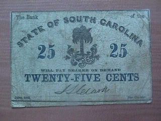 June 1862 Bank Of South Carolina Csa 25 Cent Fractional Note
