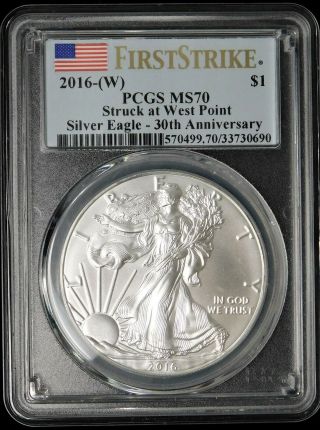2016 - (w) Silver Eagle Dollar - Pcgs Ms70 - 30th.  Anniversary