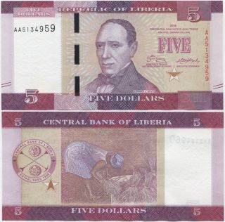 Liberia 5 Dollars 2016 Unc,  Design,  Aa Prefix