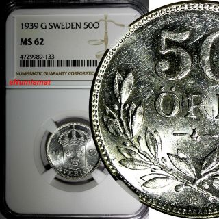 Sweden Gustaf V Silver 1939 G 50 Ore Ngc Ms62 Last Year For Type Km 788