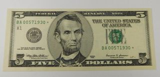 1999 $5 Federal Reserve Star Note Unc - Boston District A1