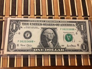 Rare Au $1 One Dollar Bill 2001 Star Note Low Serial Number F 06203688 Atlanta