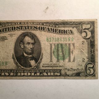 Series 1934 - A $5 Federal Reserve Note VF 3