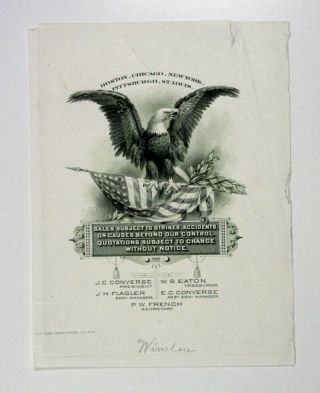 Abn Proof Vignette " Bald Eagle With Flag " 1900 - 30 Intaglio Vg Olive Green Faults