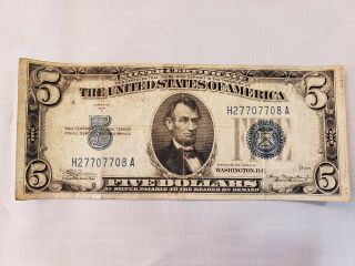 1934 A $5 Five Dollar Bill Silver Certificate Blue Seal Note