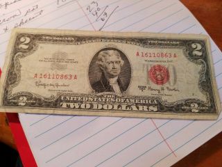 1963 A Series $2 Two Dollar Bill United States Note Red Seal Circulated.