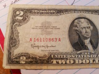 1963 A Series $2 Two Dollar Bill United States Note Red Seal circulated. 2
