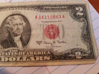 1963 A Series $2 Two Dollar Bill United States Note Red Seal circulated. 3