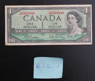 1954 Canada $1 Note; One Dollar Bill Y/m6368848; Circulated