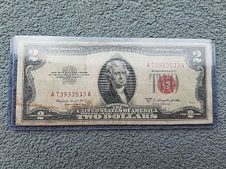 1953 - B Red Seal Note $2 Two Dollar Bill Circulated Currency S A73933533a