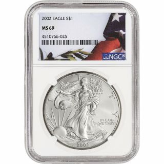 2002 American Silver Eagle - Ngc Ms69 - Flag Label