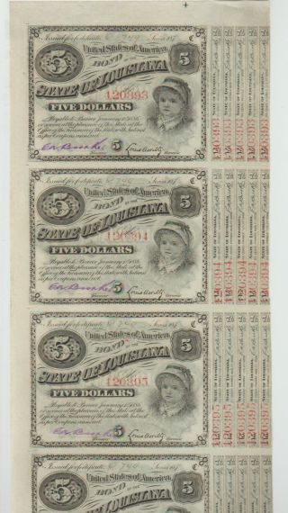 1870s State Of Louisiana $5 Five Dollars Baby Bond (4) Uncut