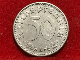 50 Reichspfennig 1943 A German Nazi coin with swastika ALU 2