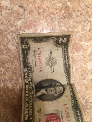 1953 Two Dollar Bill • Well Circulated Two Dollar ($2) Red Seal Note • 1 Bill