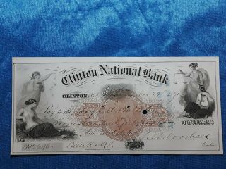 Bank Check,  1871 Obsolete Note From Clinton Bank Of Jersey,  Gorgeous Artwork