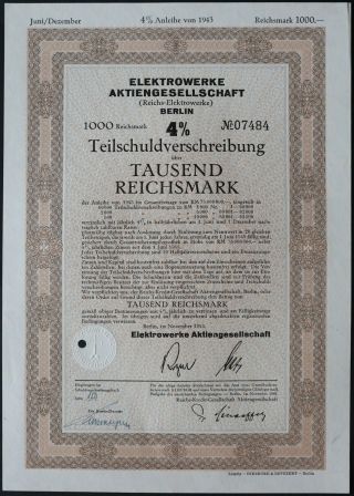 1000 Reichsmark 1943 Treasury Bond Of Germany - Series: 07484 - " Vf "
