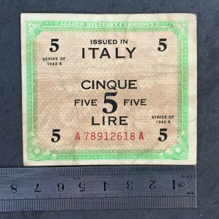 Italy 5 Lire Amc - Series 1943a,  8 Digit A.  A Serial Number